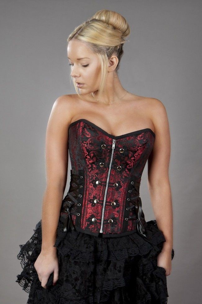 Rock overbust corset with studs in red king brocade - Gothic-Zone