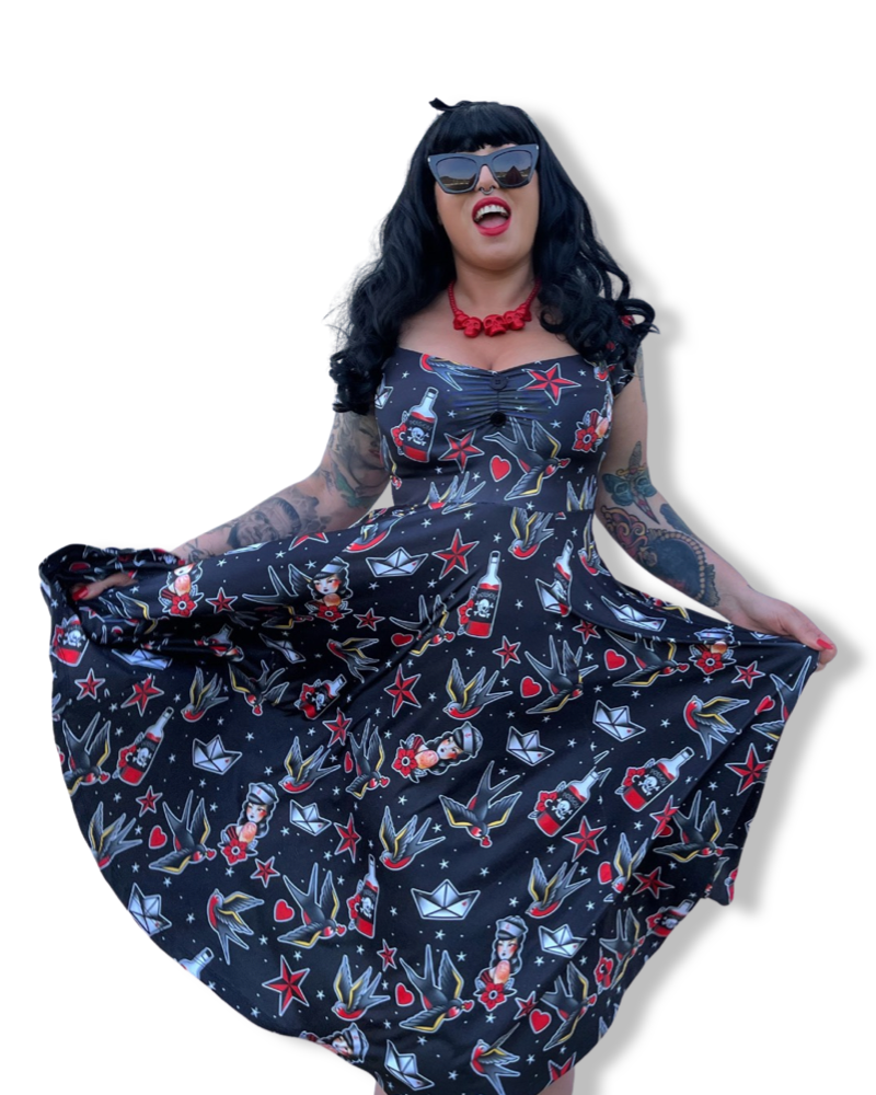 TALLA L: Vestido pinup azul y cerezas rojas - Gothic-Zone