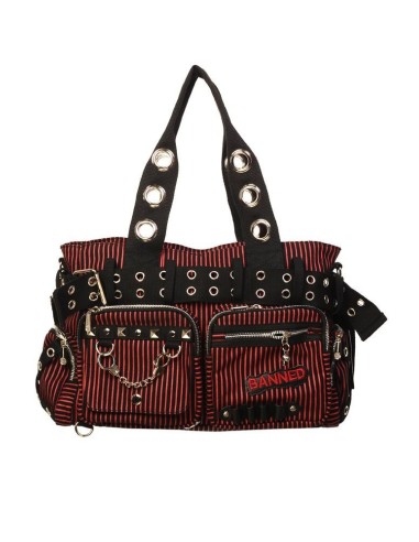 Bolso lona negra con rayas rojas con cremalleras, tachuelas