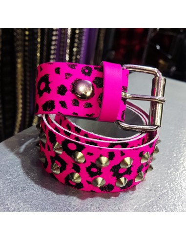 38MM 2 ROW CONICAL LEOPARD PRINT LEATHER BELT - F.PINK