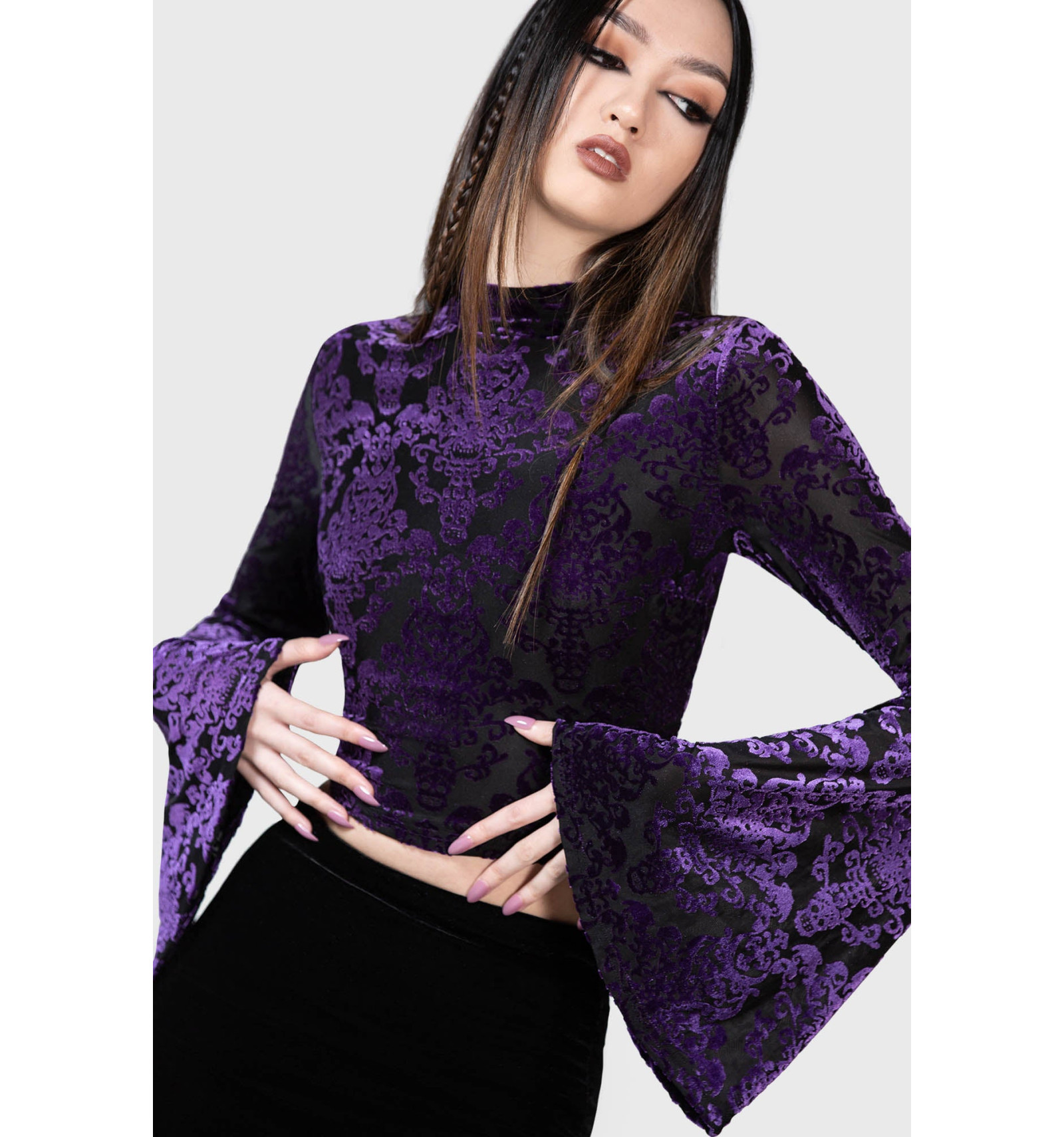 Velour & Lace Bell Sleeve Crop Top
