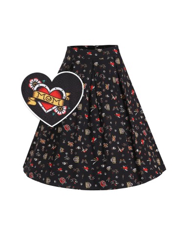 Carolyn Box Pleat Skirt in Black with Roses & White Polka Dots