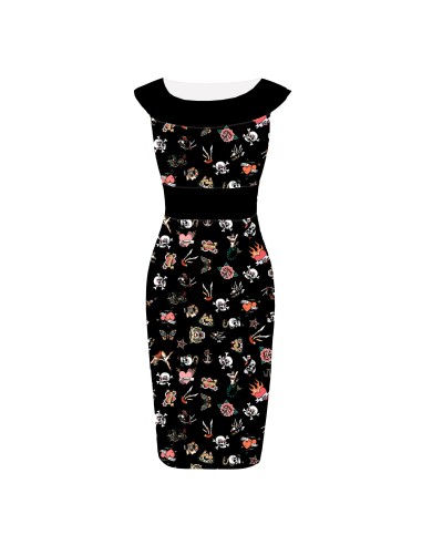 Darla Fitted Off-Shoulder Black Old School Tattoo Print Dress