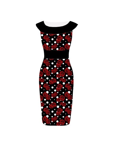 Darla Fitted Off-Shoulder Black Roses & Polka Print Dress