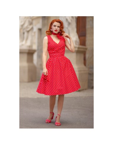 May Stylish V-neck Vintage Inspired Swing Dress in Red Polka Dots