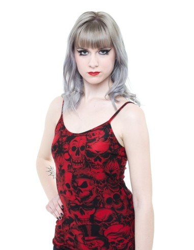 Red spaghetti strapped top with black skulls