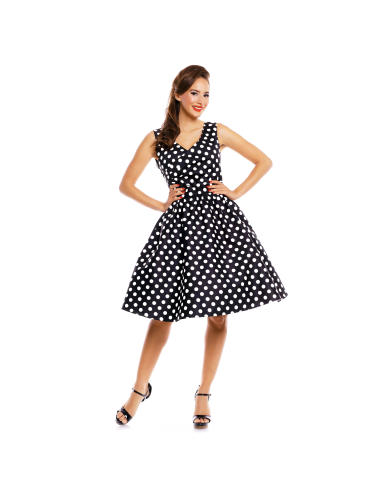 Vestido pinup con escote en V y lunares negros